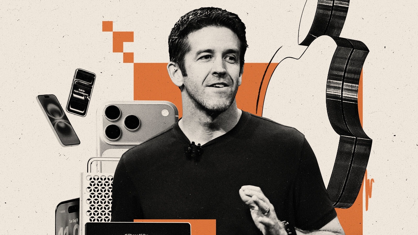 من موقع فون إسلام: رجل، يُرجح أن يكون جون تيرنوس، يتحدث على خشبة المسرح أمام صور لأجهزة آيفون ومكبر صوت وجيتار، مع شعار «آبل» تجريدي في الخلفية.