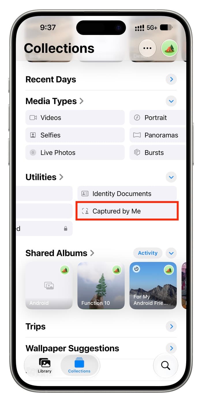 From Phonegram website: An iPhone screen showing the 'Collections' tab in the Photos app in iOS 27, highlighting the 'Captured by Me' section under 'Utilities' with a red box.