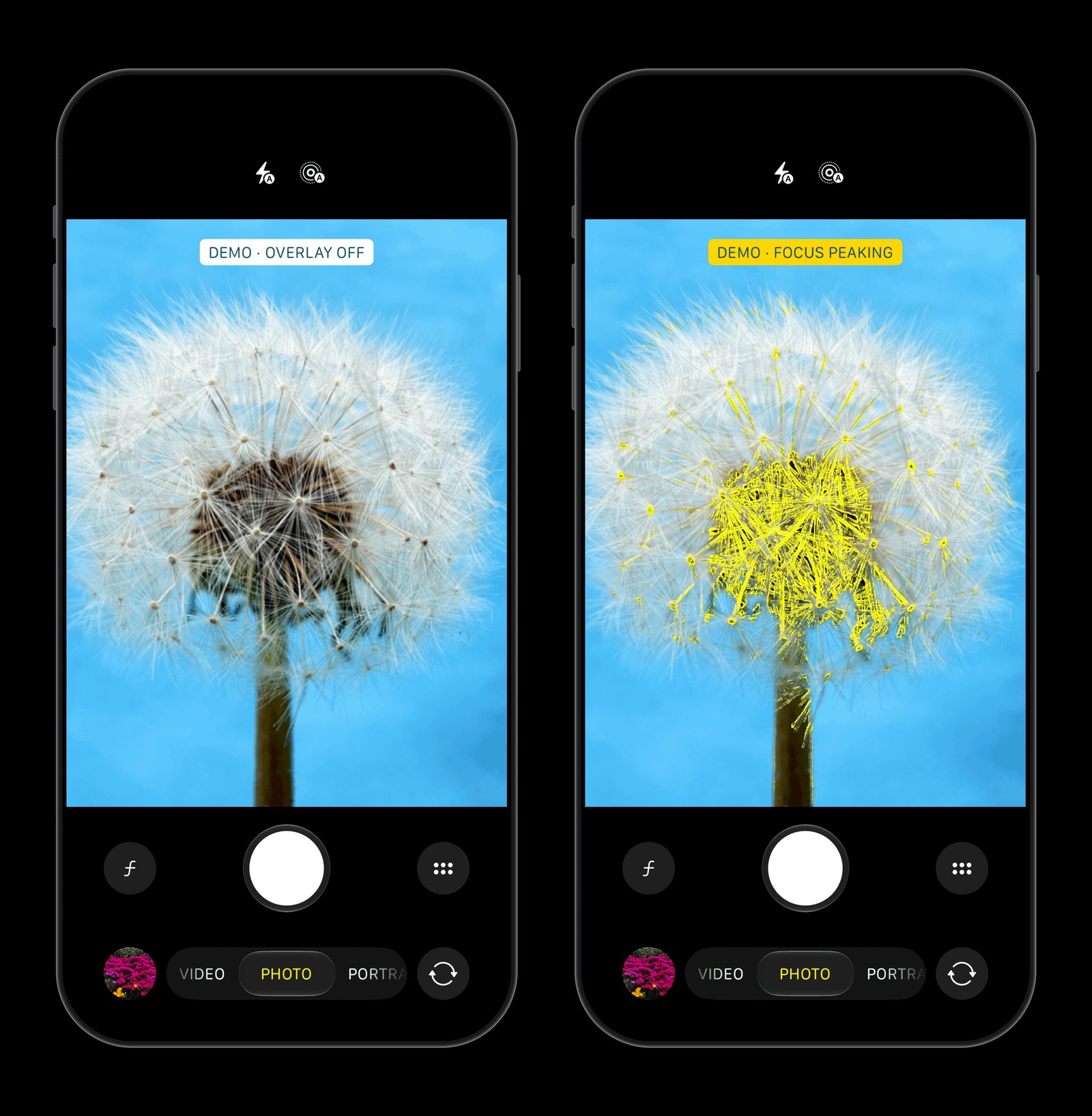 From Phonegram website: Two smartphones displaying photos of a dandelion; the left phone shows the original image, while the right phone highlights the focused areas with yellow lines, with 'Overlay Off' and 'Focus Peaking' labels — illustrating the advanced features expected from the iPhone 18 Pro camera.
