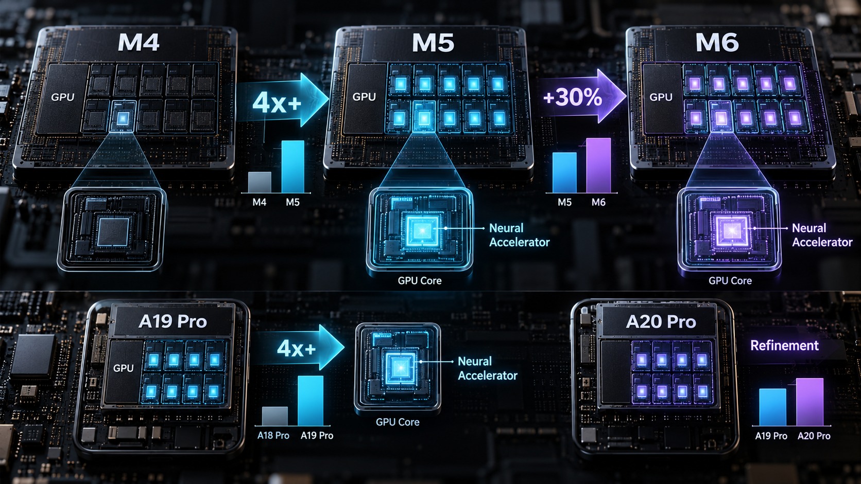 من موقع فون إسلام: يُقارن الرسم البياني بين شرائح M4 وM5 وM6 وA19 Pro وA20 Pro، ويُبرز نوى وحدة معالجة الرسومات (GPU) ومسرعات الشبكات العصبية وتحسينات الأداء باستخدام الرموز وأشرطة التقدم.