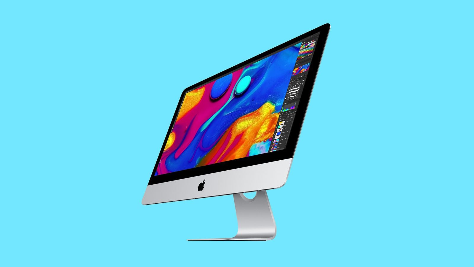 من موقع فون إسلام: جهاز كمبيوتر مكتبي من طراز «آي ماك» (iMac) من شركة «آبل» يعرض أعمالًا فنية رقمية زاهية الألوان على الشاشة، على خلفية زرقاء فاتحة بسيطة — وهو مثالي لمتابعة أخبار التكنولوجيا أو استكشاف آخر ملخصات الأخبار بأناقة.