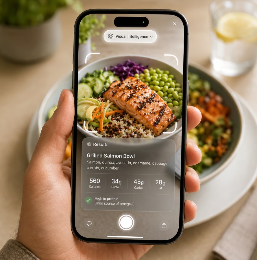 من موقع فون إسلام: يد تمسك بهاتفًا يستخدم ميزة «الذكاء البصري» في نظام iOS 27 ضمن تطبيق للتعرف على الأطعمة، وذلك للتعرف على طبق سمك السلمون المشوي مع الخضار والكينوا، مع عرض المعلومات الغذائية على الشاشة.