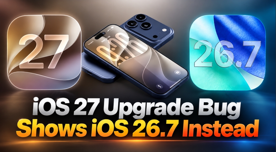 من موقع فون إسلام: صورة توضح أيقونات «الترقية إلى iOS 27» و«iOS 26.7»، بالإضافة إلى هاتف ذكي، ونصًا مكتوبًا بخط عريض ملون يقول: «خطأ في ترقية iOS 27 يكشف عن خلل في iOS 26.7 بدلاً من ذلك».