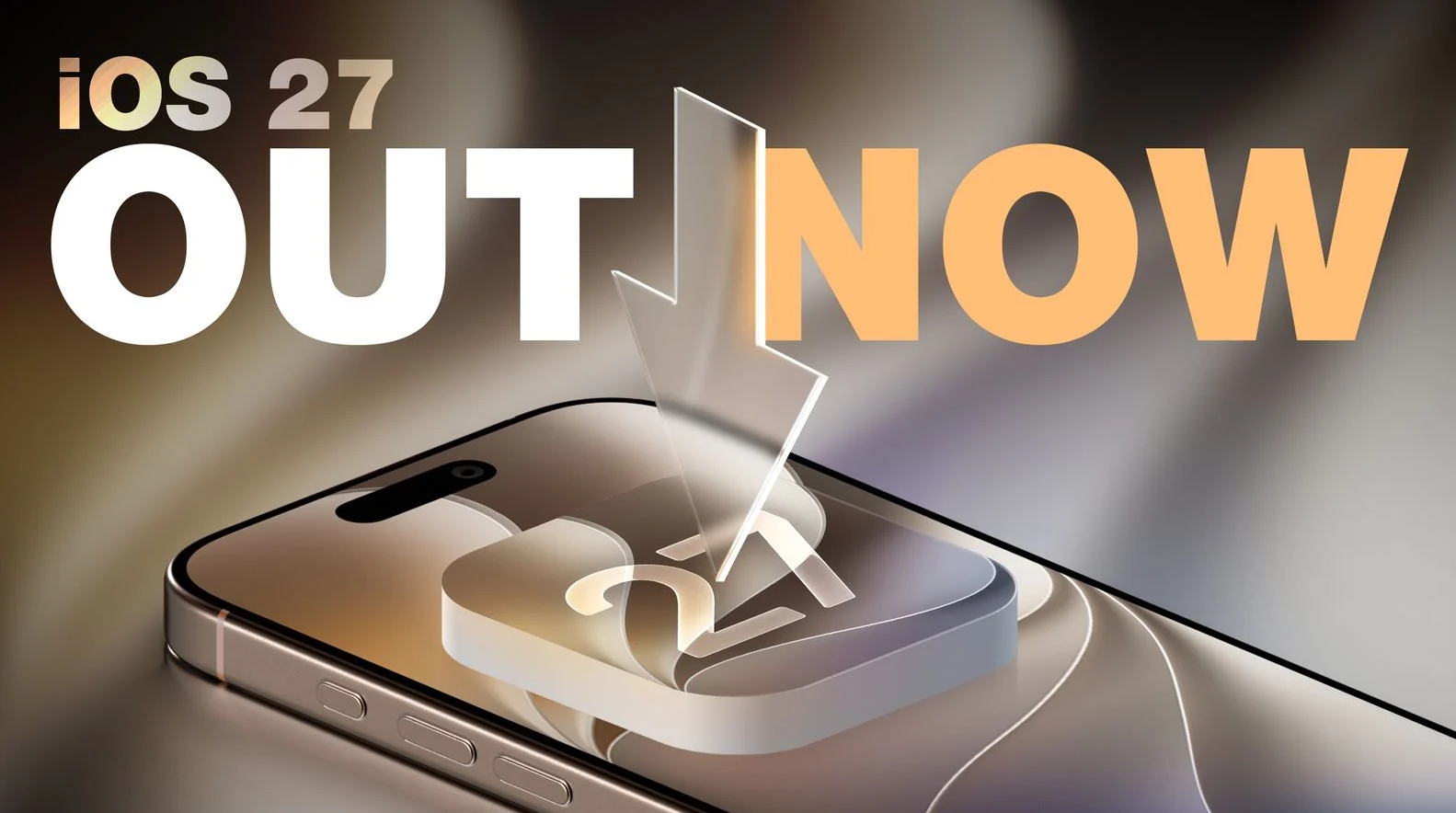من موقع فون إسلام: صورة تظهر عبارة «iOS 27 متوفر الآن» مع سهم يشير إلى جهاز آيفون يعرض أيقونة الرقم 27، للترويج لإصدار تحديث iOS 27.