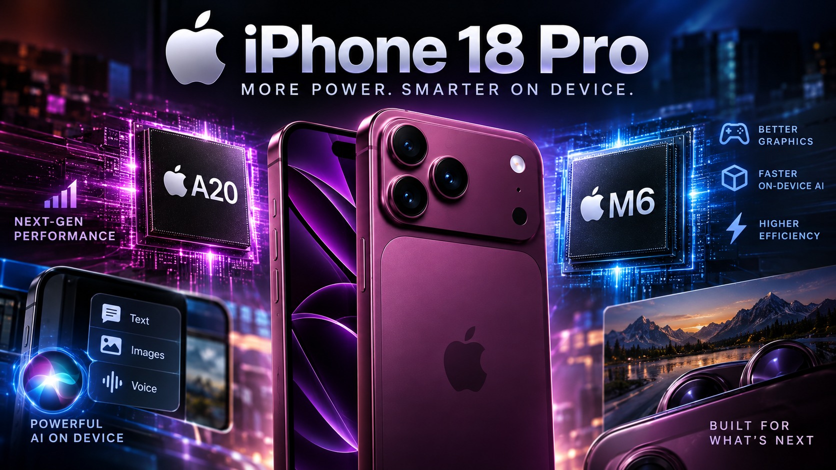 من موقع فون إسلام: هاتف iPhone 18 Pro باللون الأرجواني مع تسليط الضوء على معالج A20 Pro وشرائح M6، وميزات الذكاء الاصطناعي، والرسومات، وتحسينات الكفاءة والأداء، وذلك ضمن أجواء تقنية مستقبلية.