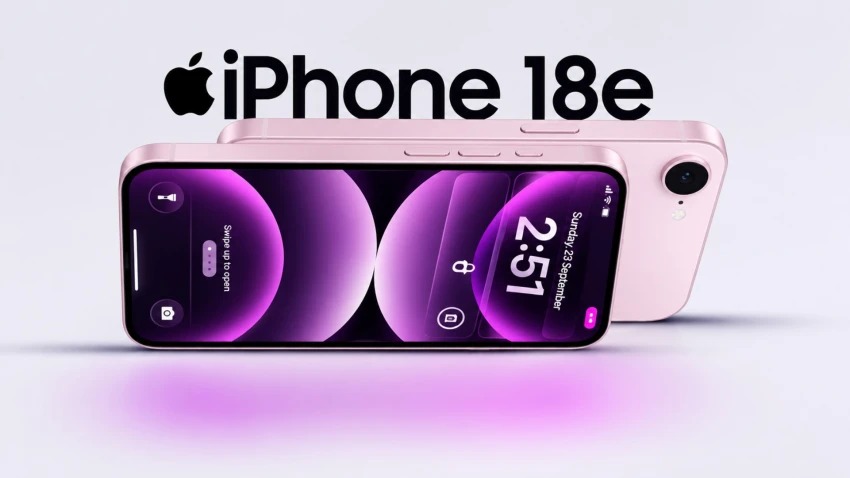 من موقع فون إسلام: تظهر في الصورة هاتفان ذكيان من طراز «iPhone 18e» باللون الوردي، أحدهما موضوعًا بحيث يكون الشاشة متجهةً للأعلى وتظهر شاشة القفل، والآخر موضوعًا في وضع عمودي بحيث تظهر الكاميرا الخلفية. ويظهر النص «iPhone 18e» فوقهما، في إشارة إلى أحدث الابتكارات التي تم الكشف عنها في مؤتمر آبل في سبتمبر 2026.