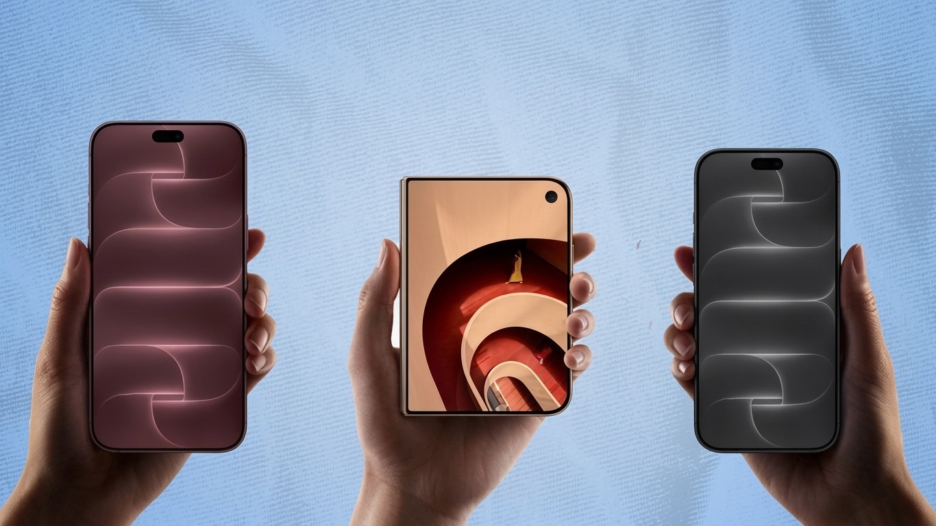 From the Phonegram website: Three hands each holding a smartphone: two regular phones with abstract screens on the left and right, and a foldable smartphone in the center displaying an image of a spiral staircase, reflecting the design innovations that John Ternus often highlights.