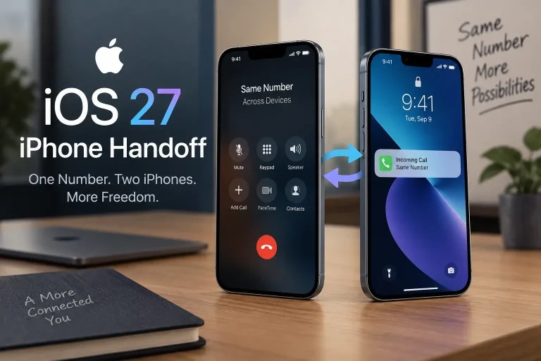 من موقع فون إسلام: يُظهر جهازي آيفون ميزة «iPhone Handoff» في نظام التشغيل iOS 27، حيث تظهر المكالمة نفسها على الشاشتين مع الشعار «رقم واحد. جهازي آيفون. حرية أكبر».