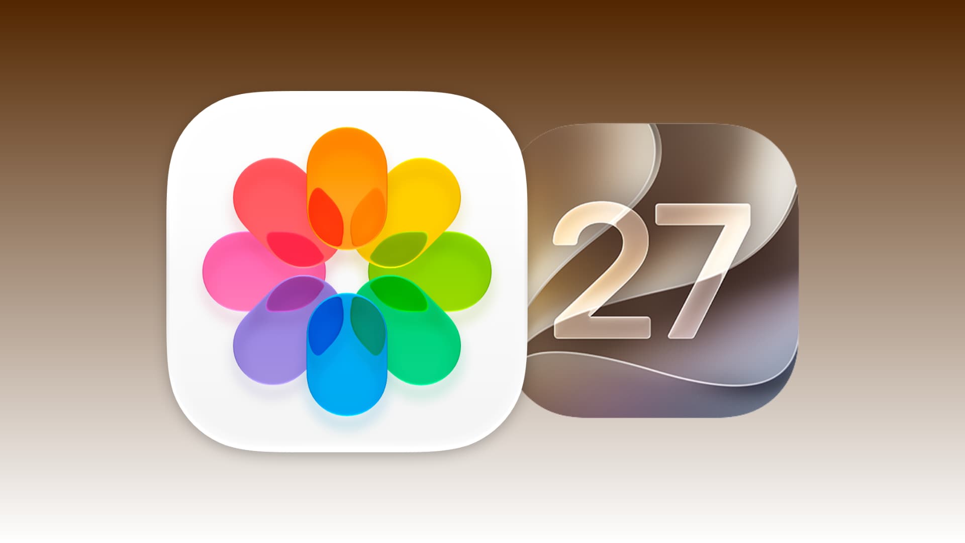 من موقع فون إسلام: يظهر رمز تطبيق «Apple Photos» ورمز الرقم «27» المصمم بأسلوب فني على خلفية بنية متدرجة الألوان، مما يعكس مظهر تطبيق الصور في نظام iOS 27.