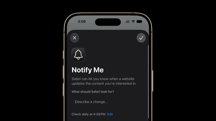 من موقع فون إسلام: شاشة آي-فون تُظهر ميزة «Notify Me» في متصفح Safari، مع خيارات لتحديد العناصر المراد مراقبتها وتعيين وقت الإشعار اليومي — تسلط الصورة الضوء على ميزة «Notify Me» في آي-فون، التي تتيح للمستخدمين تخصيص الإشعارات بسهولة وفقًا لتفضيلاتهم اليومية.