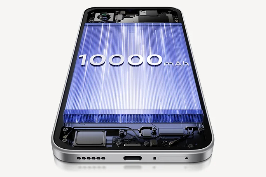 From Phonegram: A smartphone with a semi-transparent screen reveals a large internal battery with a '10,000 mAh' label, highlighting the impressive 10,000 mAh capacity of Android phone batteries.
