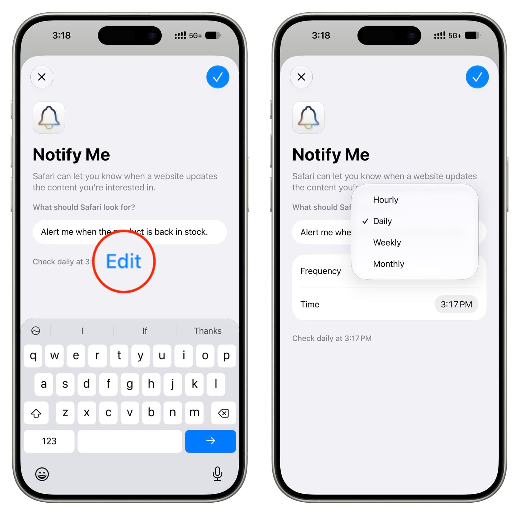 من موقع فون إسلام: يُظهر هاتفان إعدادات ميزة «Notify Me» في متصفح Safari؛ حيث يظهر في اليسار زر «تحرير»، بينما يعرض اليمين خيارات التكرار — كل ساعة، يوميًا، أسبوعيًا، وشهريًا — مما يسلط الضوء على ميزة «Notify Me» في آيفون.
