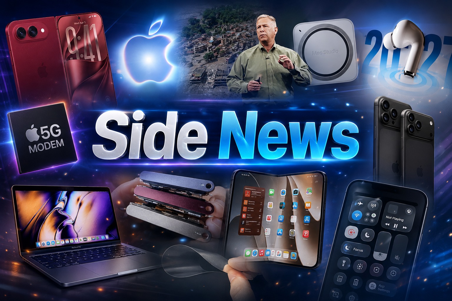 من موقع فون إسلام: مجموعة من منتجات «آبل»، ومقدم عرض، ونص «Side News» (الهامش)، ومودم 5G، عام 2022، وأجهزة «آيفون»، وأجهزة «ماك بوك»، وسماعة «آيربود»، ويد تمسك بهاتف قابل للطي، كل ذلك على خلفية واجهة تقنية — وهي صورة مثالية لتغطية أبرز أخبار التكنولوجيا في شهر أغسطس.