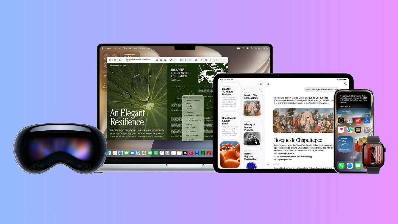 From the Phonegram website: The «Apple Vision Pro» headset, «MacBook», «iPad», «iPhone», and «Apple Watch» are shown side-by-side on a purple-to-blue gradient background, with each displaying its screens and apps — including the new «Siri» app for a seamless experience across all devices.