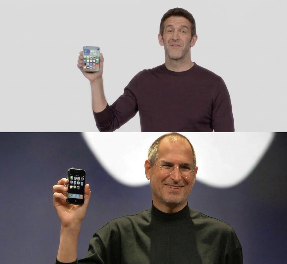 From the Phonegram website: Two men appear in separate photos holding an original iPhone; the man in the top photo wears a maroon shirt, while the man in the bottom photo, who resembles John Ternus, wears a black shirt and glasses.