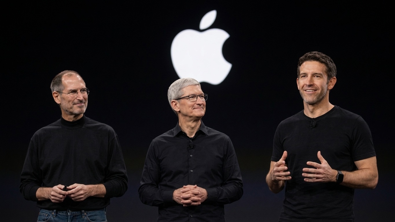 From the Phonegram website: Three men in black shirts stand on stage in front of a large white Apple logo, with John Ternus speaking while the others listen to him.