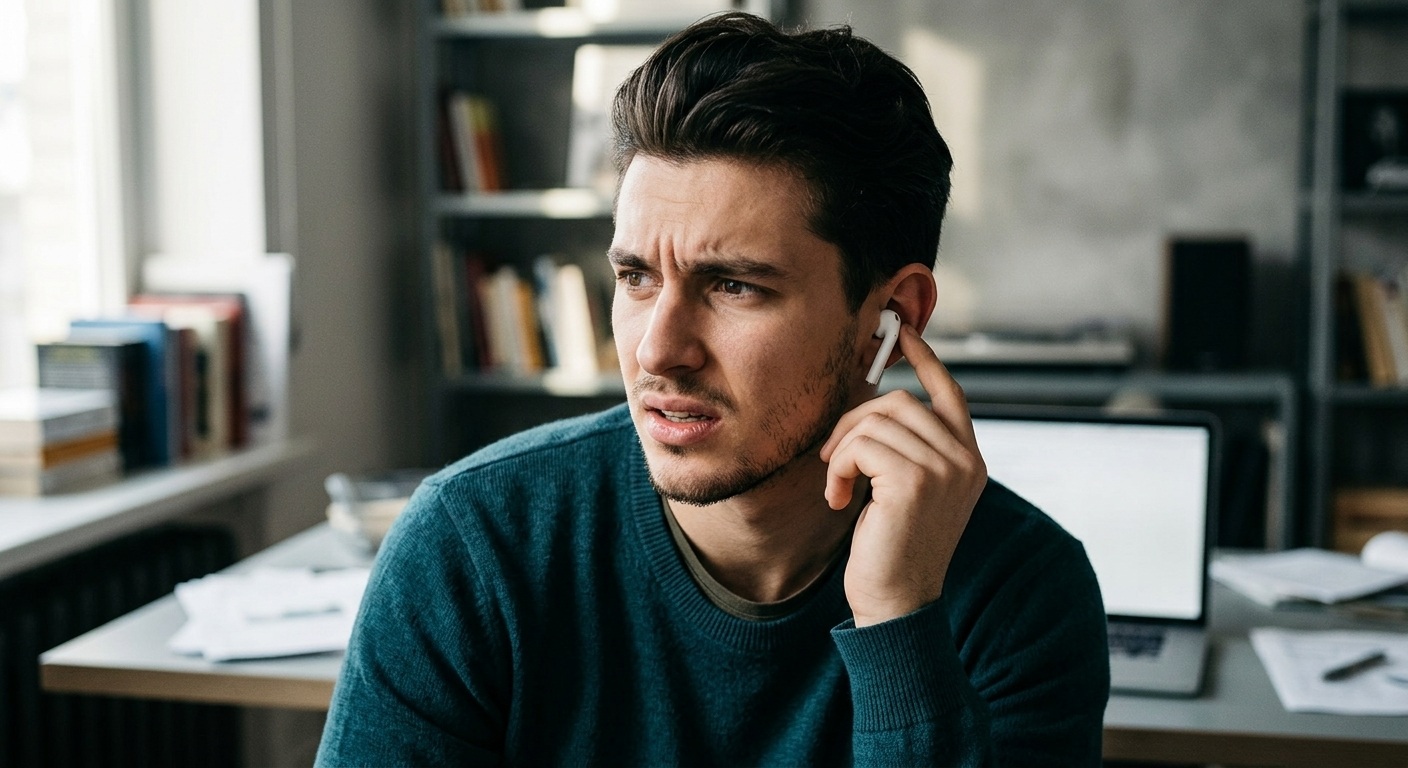 من موقع فون إسلام: رجل يرتدي سترة بلون أزرق مخضر وسماعة أذن «AirPods» بيضاء، يبدو عليه القلق من أصوات غريبة وهو جالس أمام مكتب عليه جهاز كمبيوتر محمول.