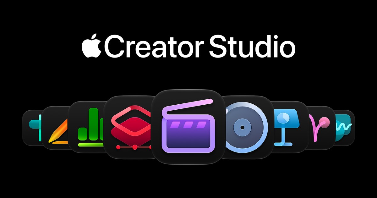 من موقع فون إسلام: شعار «Apple Creator Studio» فوق صف من أيقونات التطبيقات المعروضة على جهاز MacBook Pro.