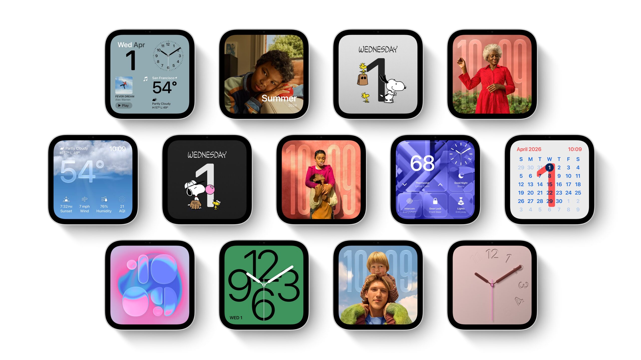 من موقع فون إسلام: شبكة تضم اثني عشر تصميمًا مختلفًا لواجهات ساعة Apple Watch، معروضة في «عرض الصفحة الرئيسية»، وتضم أدوات مصغرة متنوعة وصورًا وأنماطًا مختلفة للساعة.