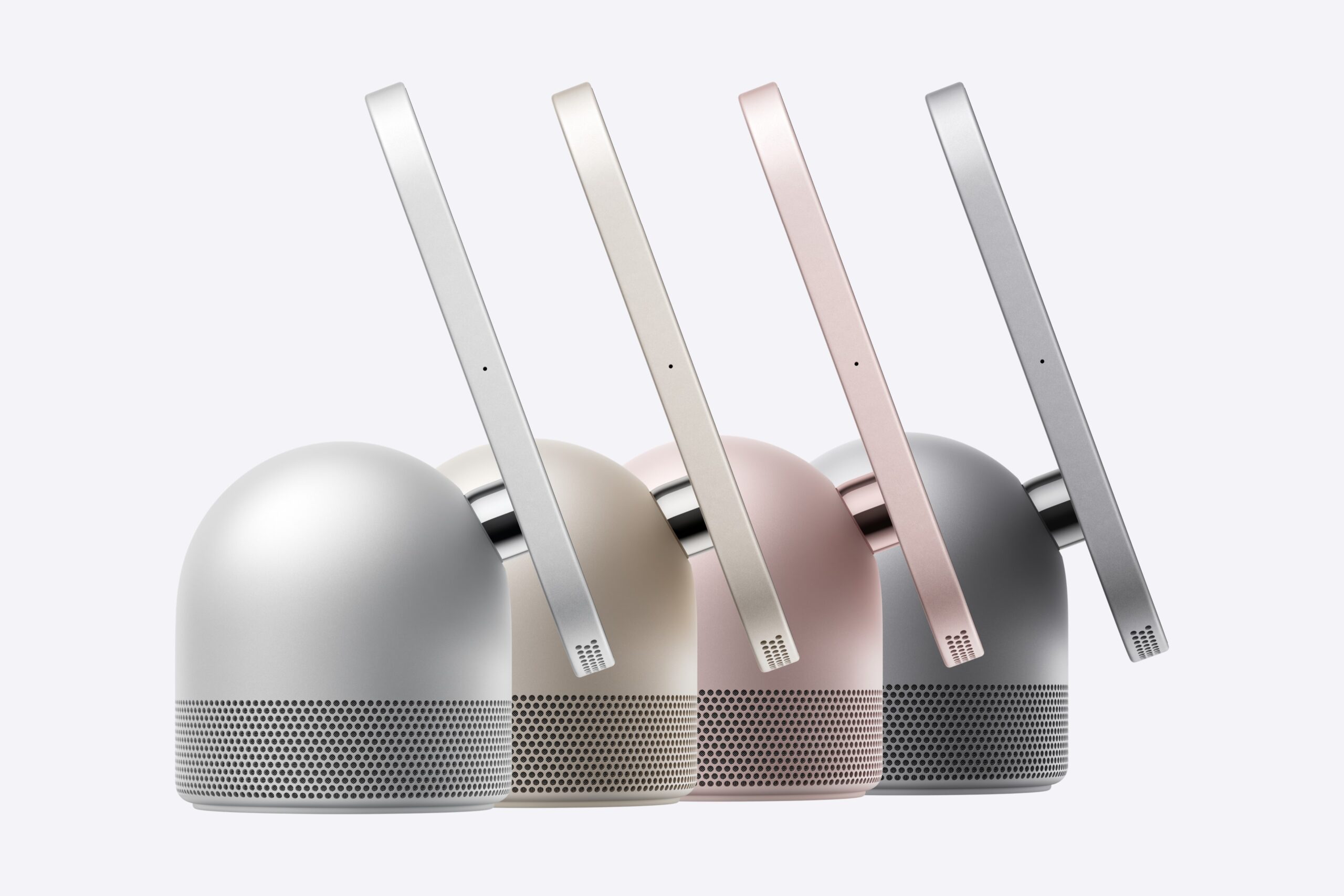 من موقع فون إسلام: أربع شاشات ذكية من طراز «Apple Home View» ذات قواعد دائرية وشاشات مدمجة، تظهر بالألوان الفضي والذهبي والذهبي الوردي والرمادي.
