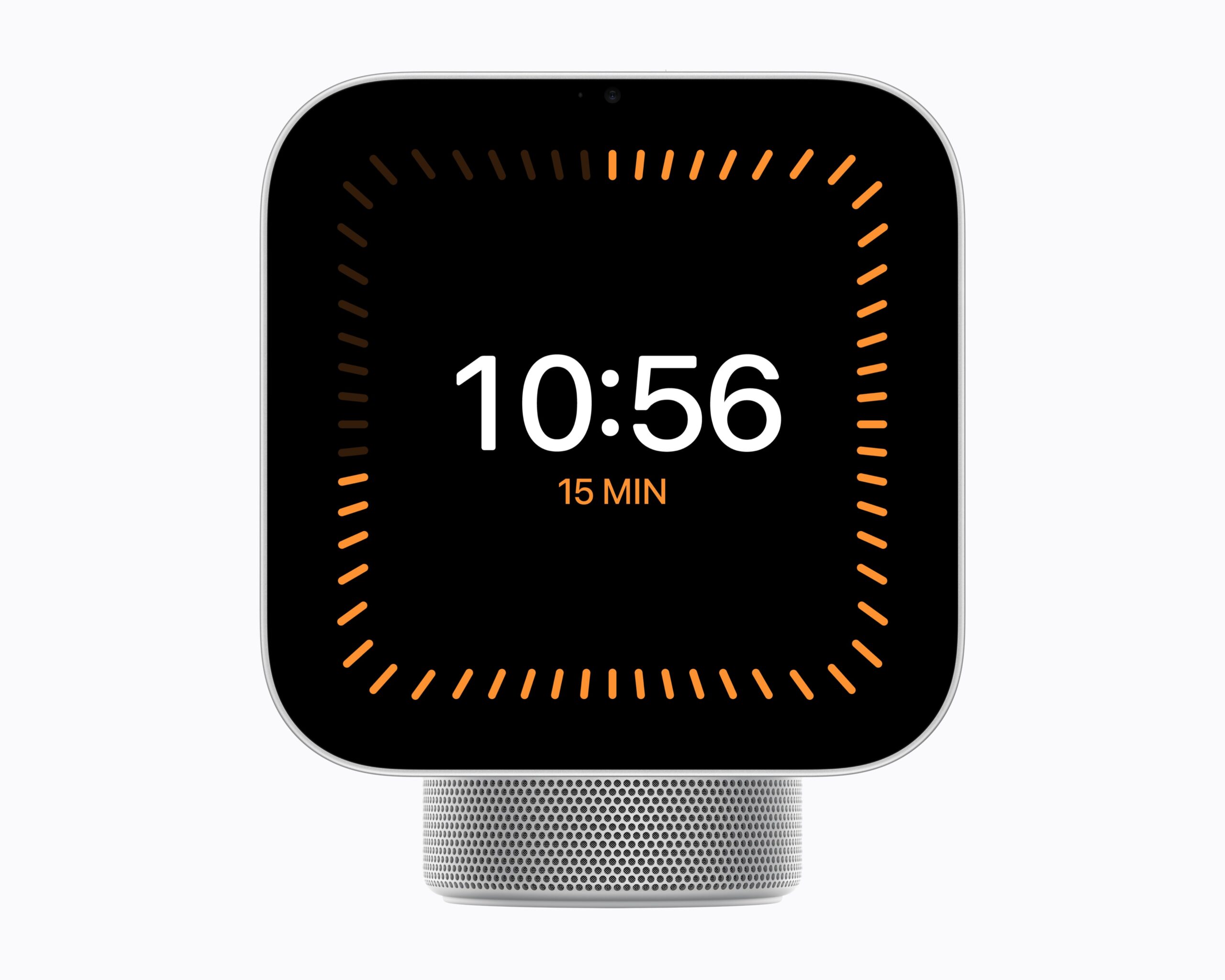 من موقع فون إسلام: مكبر صوت ذكي من طراز «Apple Home View» مزود بشاشة تعرض الساعة 10:56، ومؤقتًا مدته 15 دقيقة، وشريط تقدم دائري برتقالي اللون.