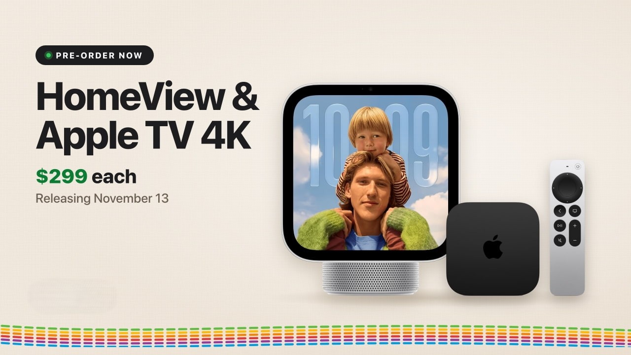 من موقع فون إسلام: صورة ترويجية لجهاز «HomeView» وجهاز «Apple TV 4K»، وكلاهما بسعر 299 دولارًا وسيتم طرحهما في 13 نوفمبر. تُظهر الصورة شاشة «HomeView» من آبل، وجهاز «Apple TV»، وجهاز تحكم عن بُعد.