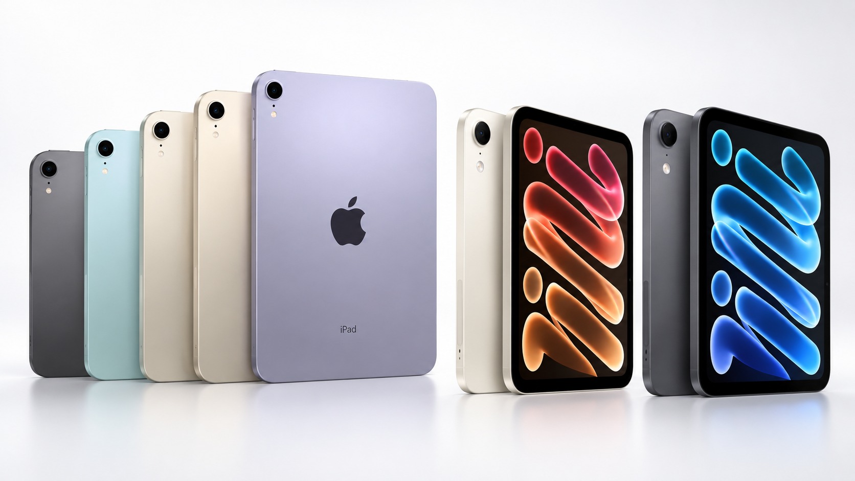 من موقع فون إسلام: مجموعة من أجهزة iPad mini 8 تُعرض من الخلف والأمام بألوان مختلفة.