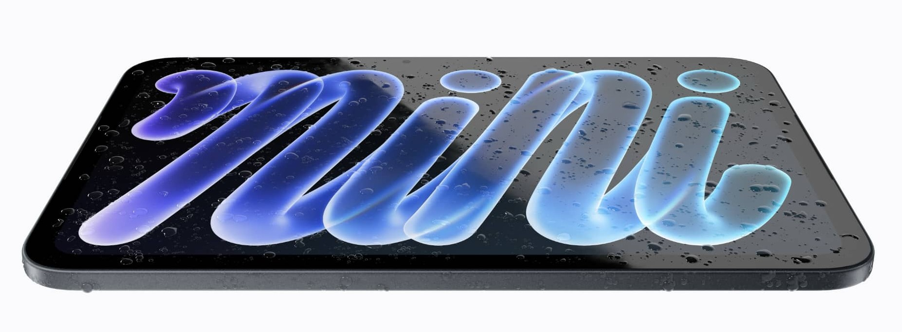 From the Phonegram website: The new iPad mini screen shows the word 'mini' in a stylized blue cursive font, covered in water droplets.
