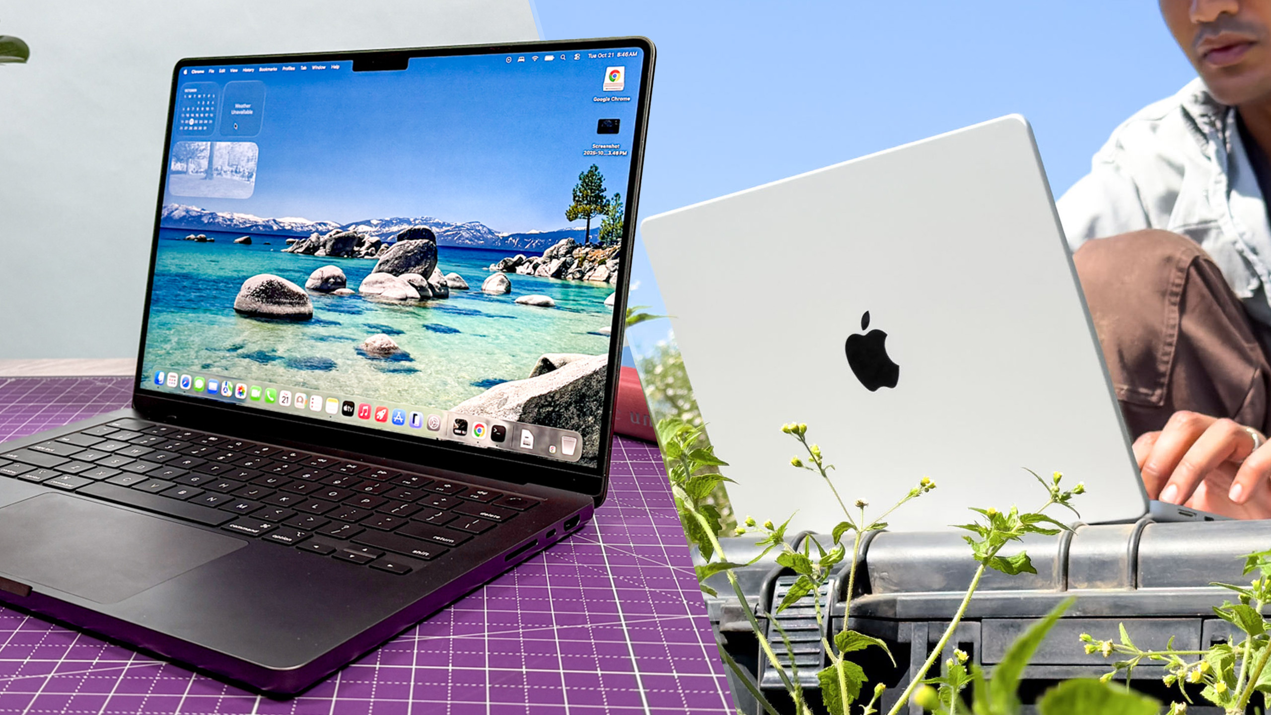 من موقع فون إسلام: صورة مقسمة تُظهر جهاز MacBook Pro M6 داكن اللون يعرض خلفية لبحيرة على اليسار، وشخصًا يستخدم جهاز كمبيوتر محمول فضي مغلق في الهواء الطلق على اليمين.