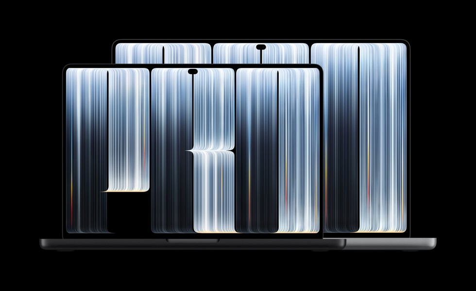 من موقع فون إسلام: شاشتان لجهاز MacBook Pro تعرضان نمطًا ضوئيًّا تجريديًّا عموديًّا باللونين الأزرق والأبيض، يشكل كلمة «PRO».