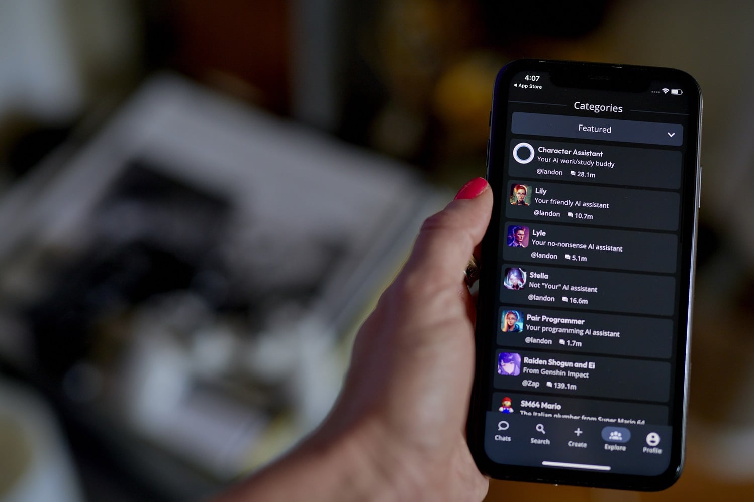 From the Phonegram website: A hand holding a smartphone showing a mobile app screen with an October weekly summary about AI-generated character profiles.