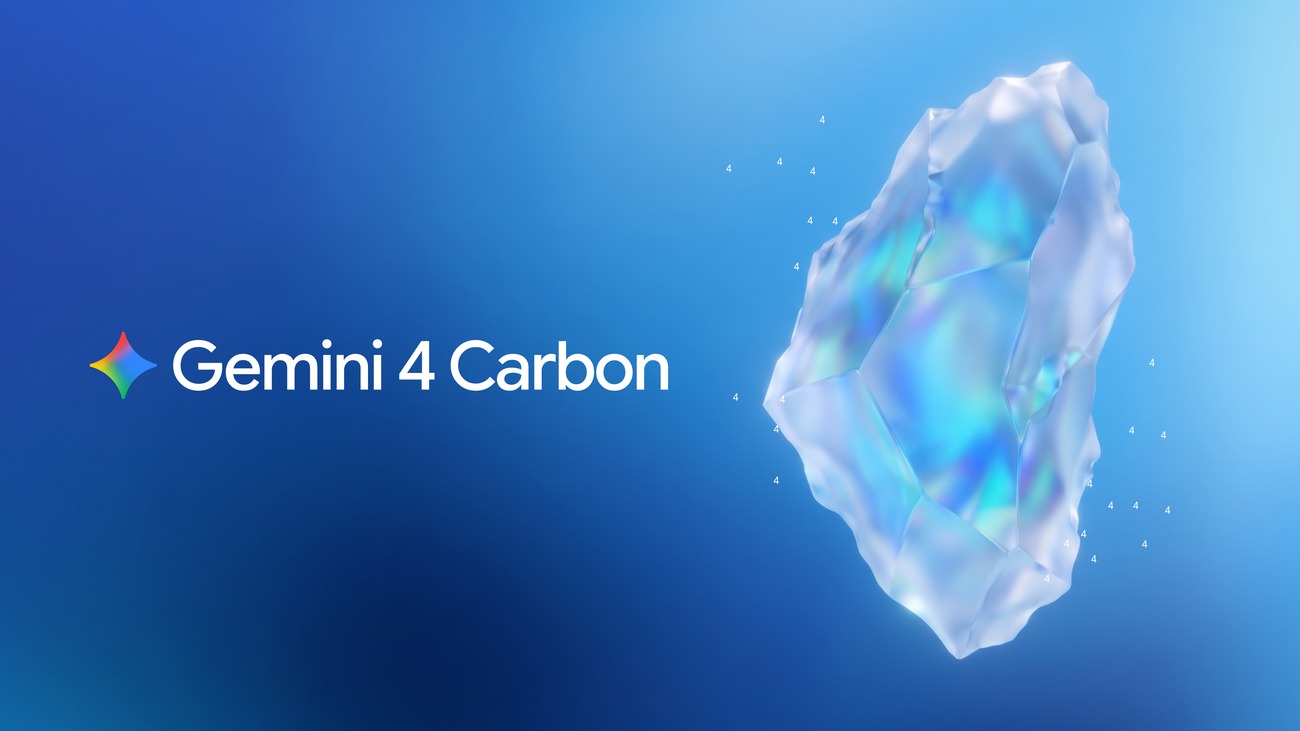 من موقع فون إسلام: شعار «Gemini 4 Carbon» بجانب بنية بلورية شفافة متلألئة على خلفية زرقاء متدرجة، معروض على جهاز MacBook Pro.