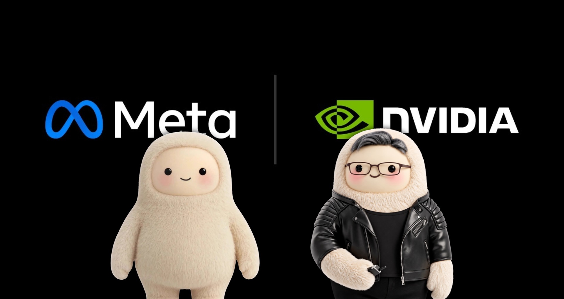 من موقع فون إسلام: شعار Meta بجانب شخصية ترتدي غطاء رأس أبيض، وشعار Nvidia بجانب شخصية ترتدي غطاء رأس أبيض ونظارات وسترة جلدية سوداء، مع عرضهما على جهاز MacBook Pro.