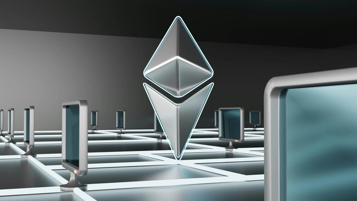 From the Phonegram website: A glowing "Ethereum" logo hanging over a digital grid of computer screens in our October news summary.