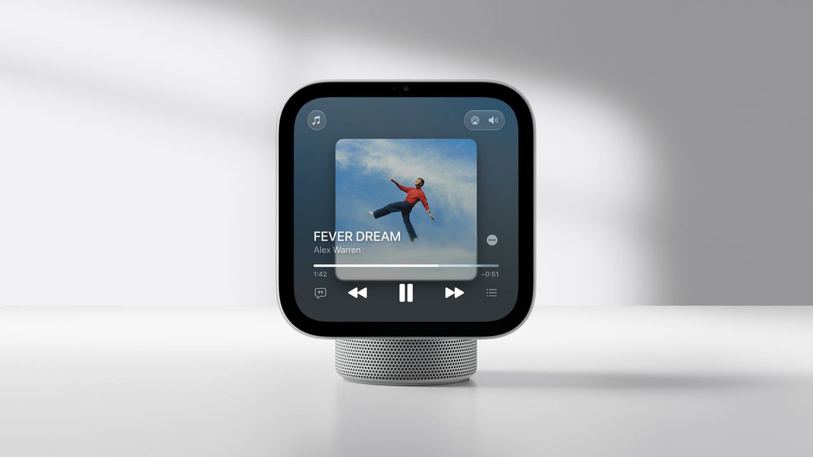 From the Phonegram website: A smart display showing weekly news related to the song "Fever Dream" by artist Alex Warren, with playback control buttons.