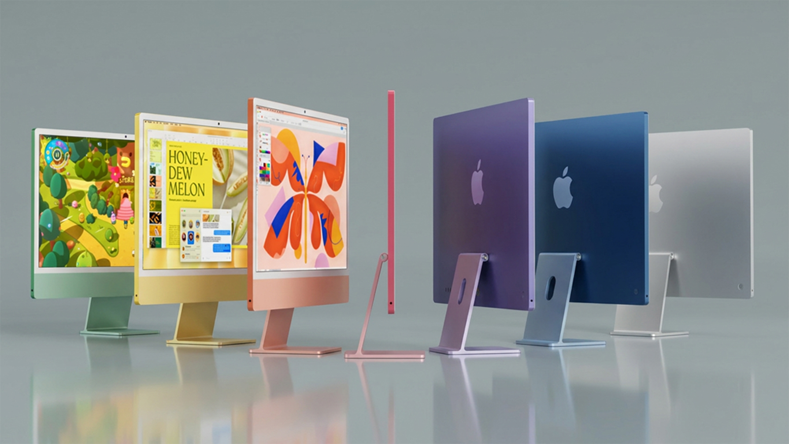 من موقع فون إسلام: صف من أجهزة الكمبيوتر iMac بألوان متنوعة، تظهر من الزاويتين الأمامية والخلفية، وتتمتع بجودة عرض مماثلة لجهاز MacBook Pro.