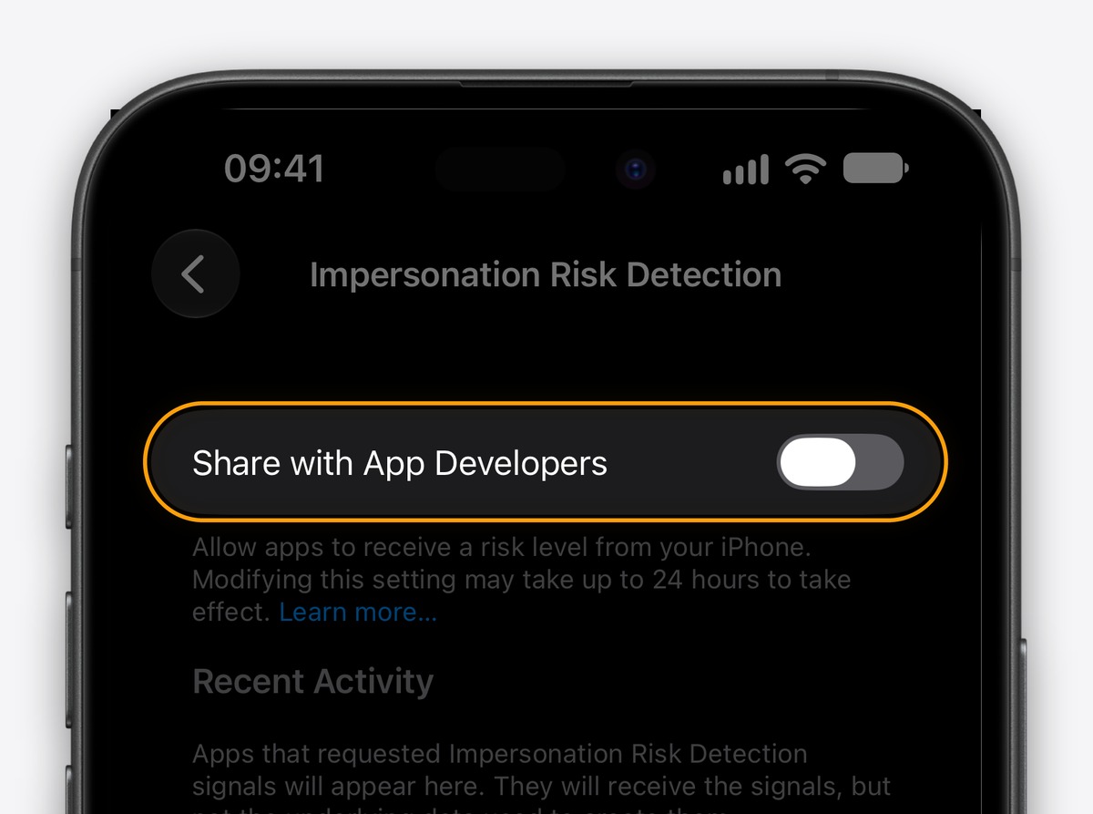 From the Phonegram website: A phone screen showing the 'Impersonation Risk Detection' menu in iOS 27, with a toggle switch for 'Share with App Developers' currently set to 'Off'.