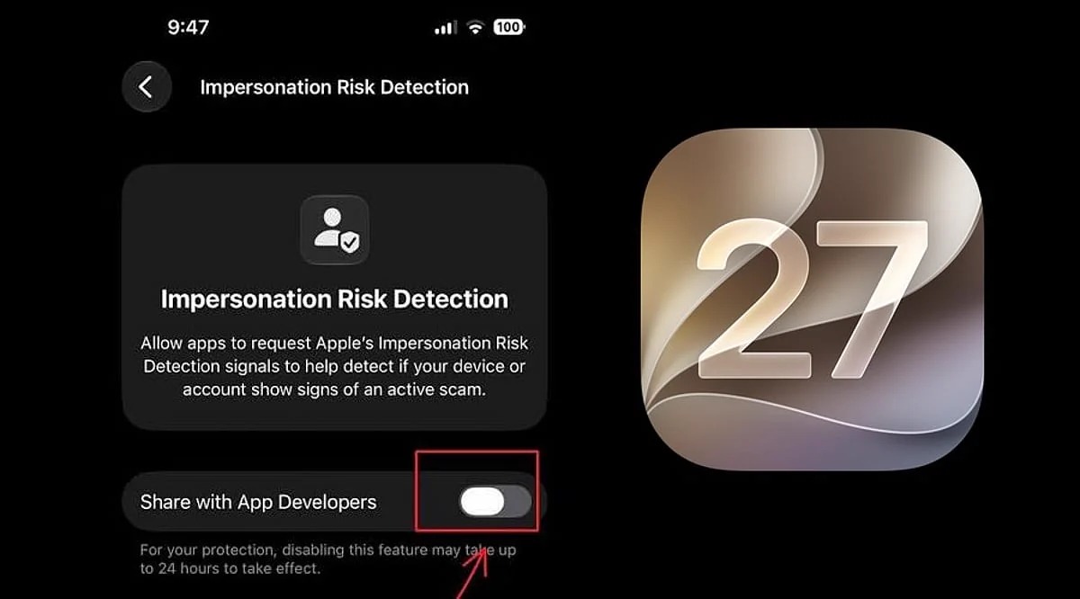 من موقع فون إسلام: شاشة iPhone تُظهر قائمة إعدادات «الكشف عن مخاطر انتحال الهوية»، بما في ذلك زر التبديل لمشاركة البيانات مع مطوري التطبيقات لنظام iOS 27.