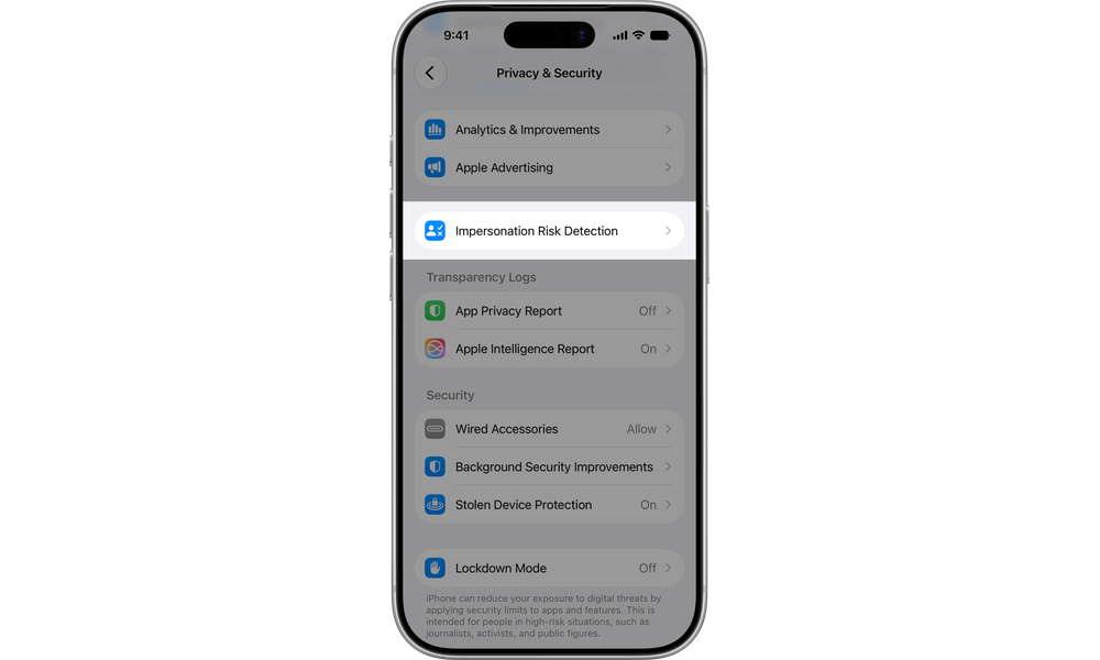 Impersonation Risk Detection feature settings on Apple devices