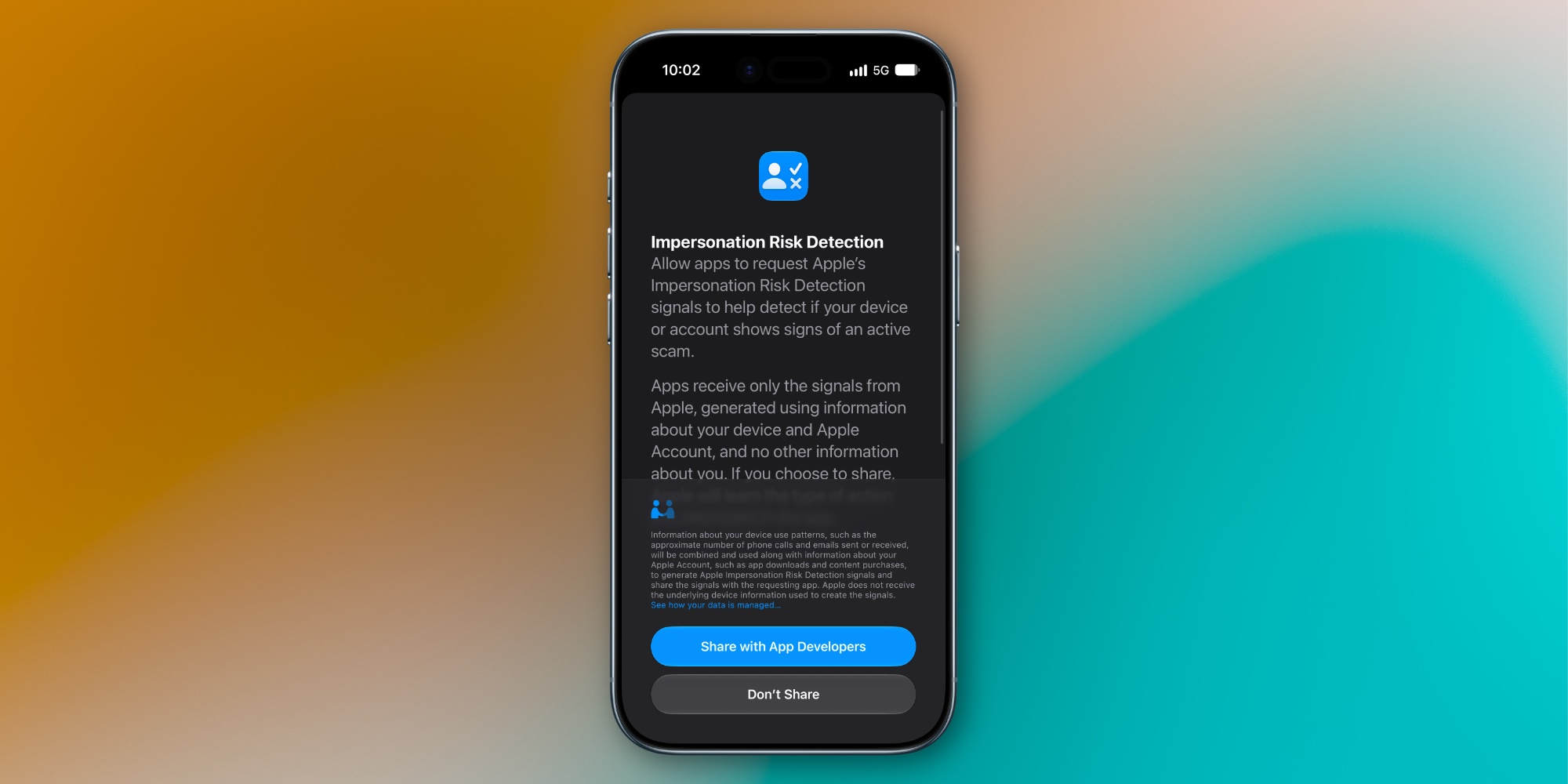 From the Phonegram website: A smartphone screen displaying an alert message in iOS 27 regarding impersonation risks, with two options: 'Share with App Developers' or 'Don't Share'.