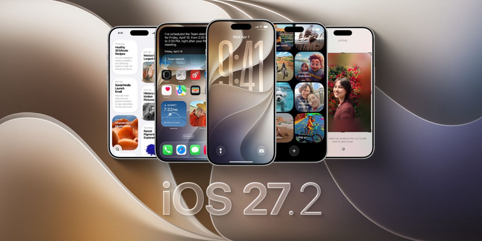 PhoneIslamによると、5台のスマートフォンがiOS 27.2アップデート用の異なるiOSインターフェース画面を表示しており、画面下部中央に「iOS 27.2」というテキストが表示されている。