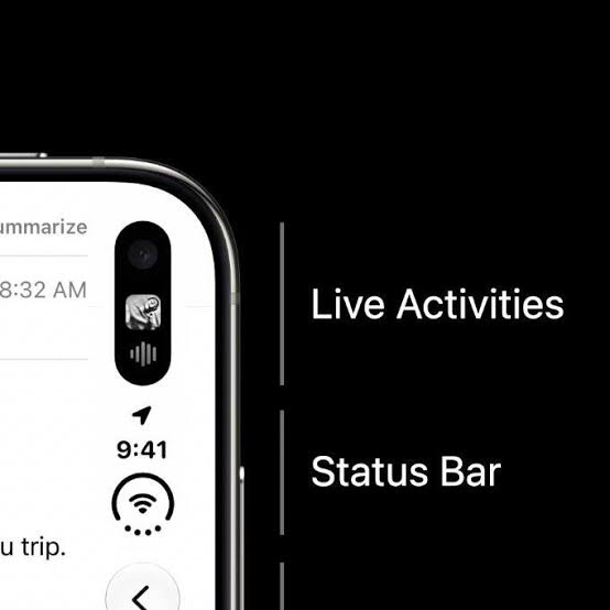 من موقع فون إسلام: شاشة هاتف ذكي تُظهر منطقة «Dynamic Island» المُسمَّاة بـ«Live Activities» والجزء العلوي من الشاشة، بما في ذلك شريط الحالة، في تخطيط «آي-فون ديو مركز التحكم».
