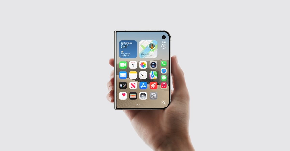 From the Phonegram website: A hand holding a foldable smartphone showing the startup screen with the "Sidelines" weekly news app icons and interactive elements.