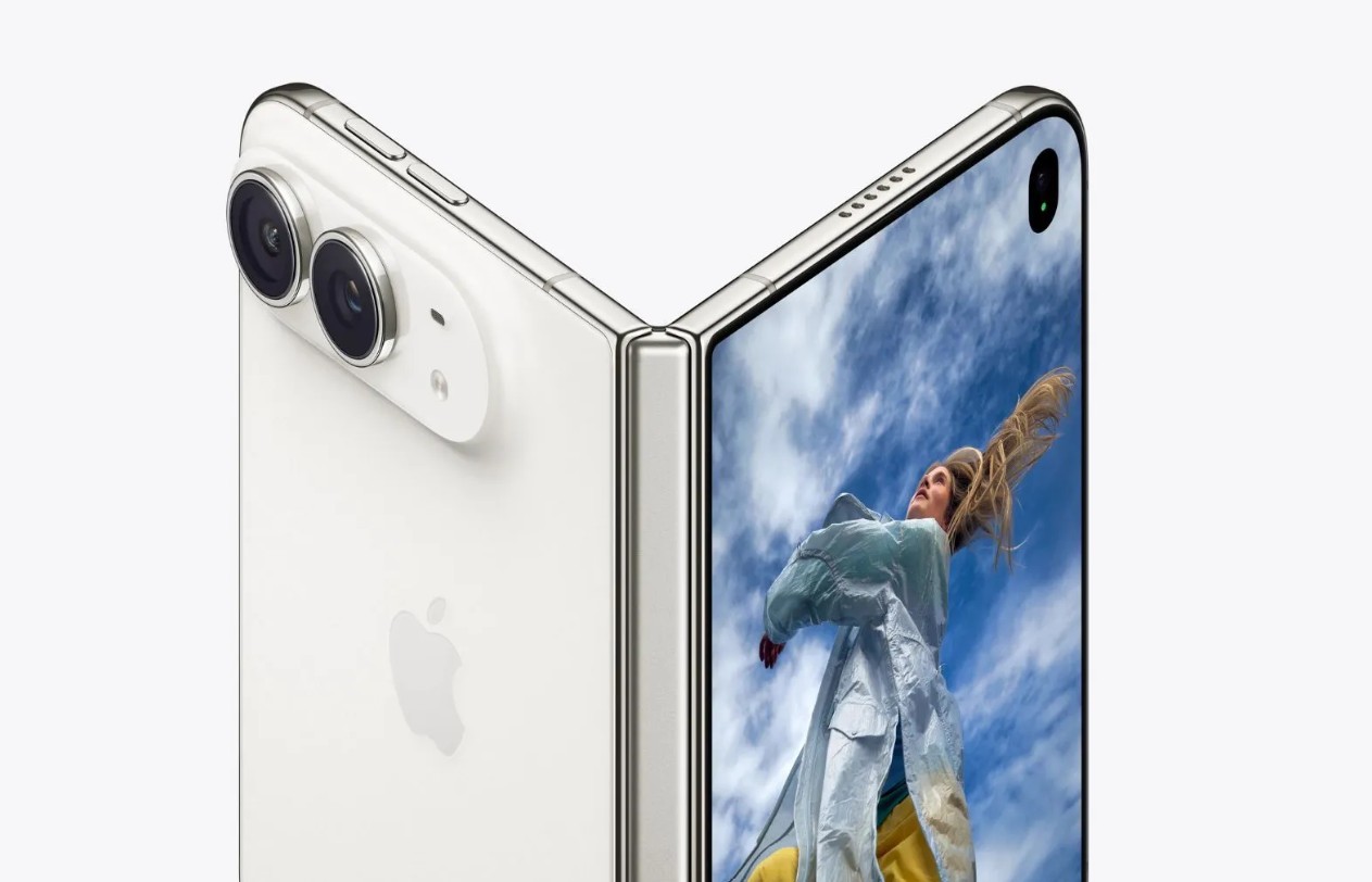 From the Phonegram website: A white foldable smartphone with the 'iPhone Duo' design, shown from the back and side, with a dual-camera system on the left panel and a screen displaying a photo of a person in front of a cloudy sky on the right.