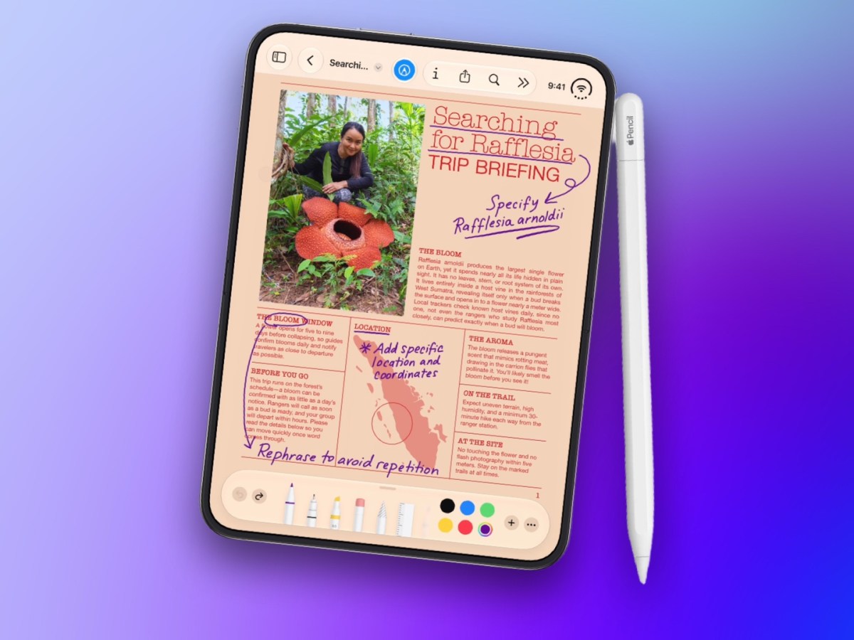 From the Phonegram website: A tablet displaying a summary of the 'iPhone Duo hinge' journey around a Rafflesia flower, with handwritten notes and a digital pen placed next to it.