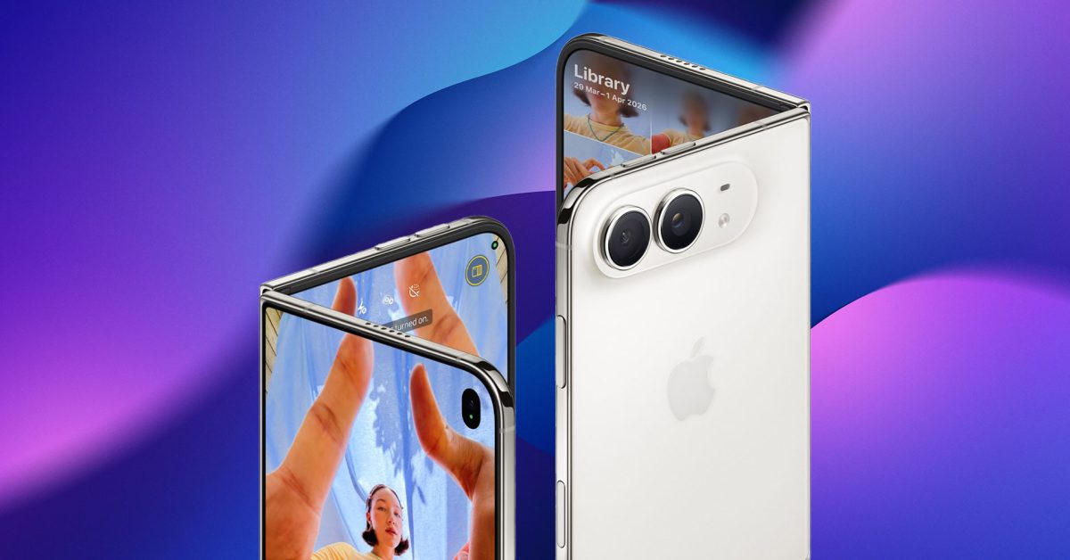 From the Phonegram website: Two foldable smartphones with partially open screens, showing a person taking a photo and a library app, against a purple and blue gradient background.