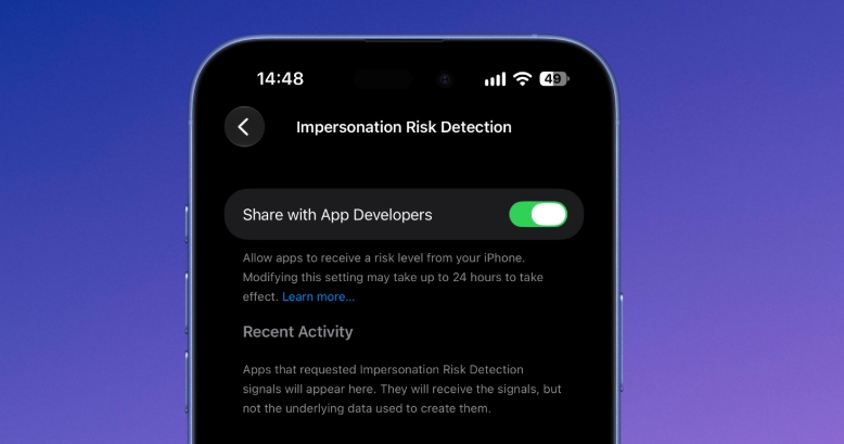 From the Phonegram website: An iPhone settings screen showing the 'Impersonation Risk Detection' toggle switch in the 'On' position for iOS 27, with a description of the feature and a 'Recent Activity' section below it.