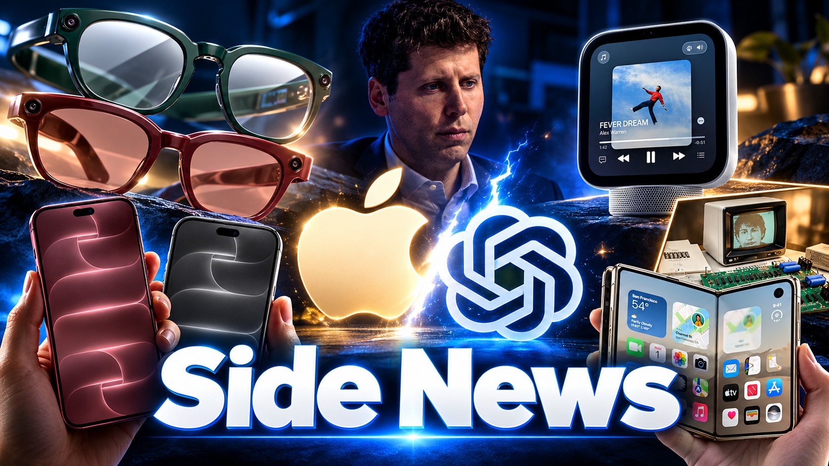 من موقع فون إسلام: صورة مركبة تُظهر نظارات «Apple I» الذكية، وشخصًا، ومشغل موسيقى، وهاتفًا ذكيًّا، وجهازًا قابلًا للطي، مع شعارَي «Apple» و«OpenAI» والنص «Side News» في المقدمة.