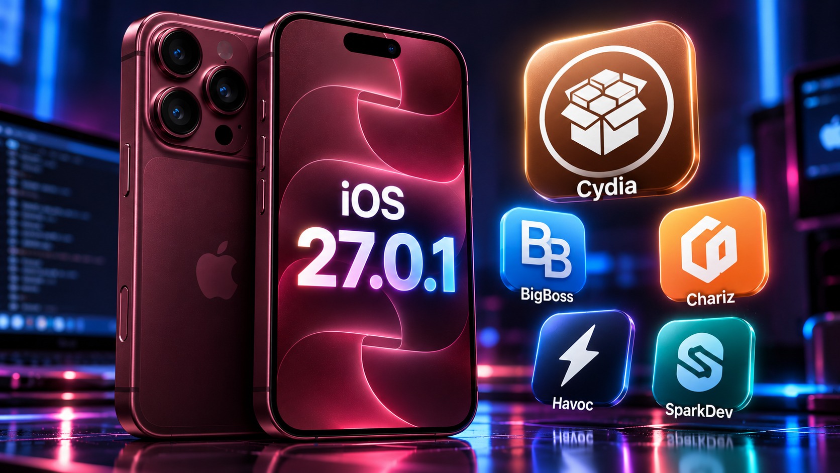 من موقع فون إسلام: هاتف ذكي يعرض «iOS 27.0.1» لجهاز آي-فون 18 برو تم كسر حمايته (جيلبريك)، محاطًا بخمسة أيقونات تطبيقات متوهجة لـ Cydia و BigBoss و Chariz و Havoc و SparkDev.