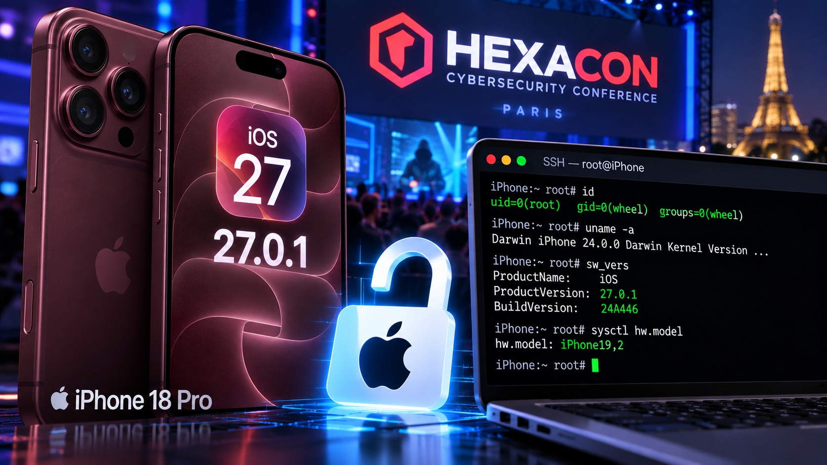 من موقع فون إسلام: جهاز آيفون 18 برو يخضع لعملية جيلبريك، وهو يعمل بنظام iOS 27.0.1، موضوع بجانب قفل مضيء يحمل شعار «آبل» وجهاز كمبيوتر محمول يعرض مخرجات محطة الأوامر خلال مؤتمر «هيكساكون» للأمن السيبراني.